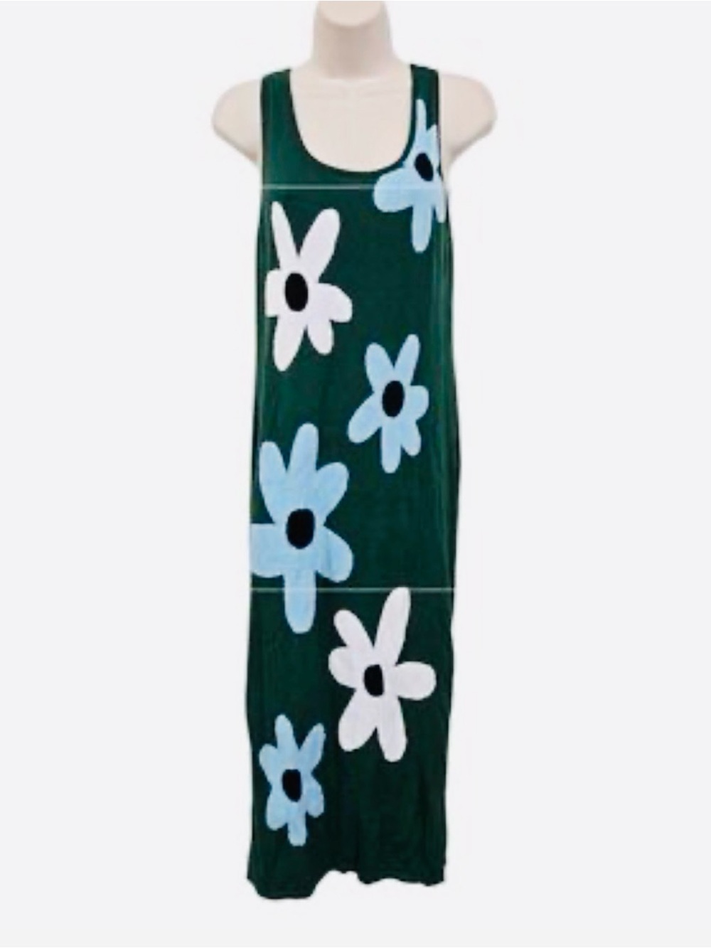 Modcloth Dark Green Tank Maxi Dress with Blue & White Daisy Print
